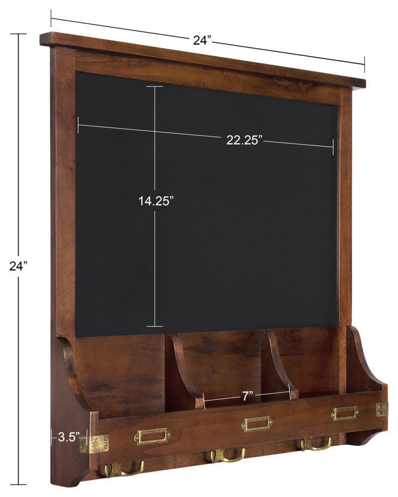 Stallard Wood Wall Chalkboard with Hooks, Walnut Brown 24x24