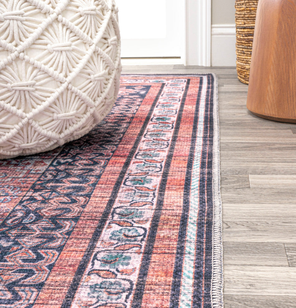 Dalyan Geometric Medallions Machine Washable Indoor Area Rug, Terra/Navy, 4 X 6
