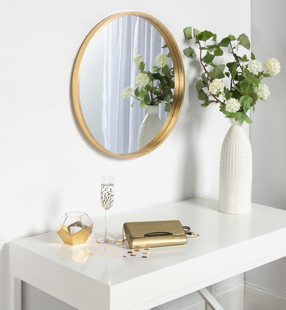 Travis Round Wood Accent Wall Mirror, Gold 25.6" Diameter