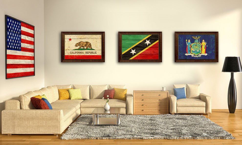 Saint Kitts And Nevis Country Textured Flag Print With Brown Gold Frame, 15"X21"