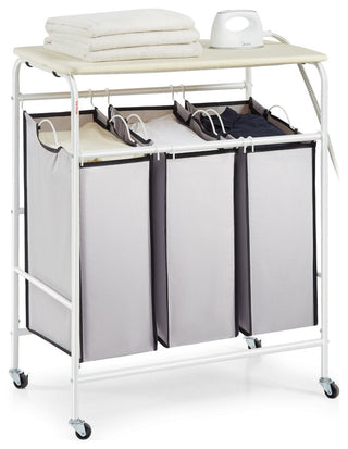 VEVOR 3-Section Laundry Sorter Cart Rolling With Ironing Board & Removable Bags