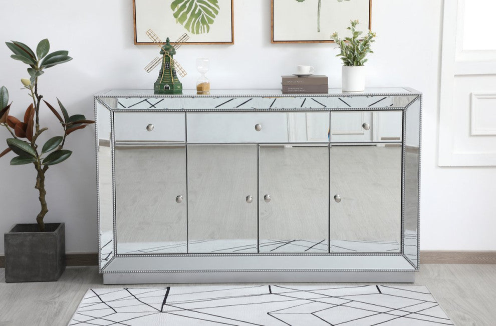 Elegant MF53001S 60"Mirrored Credenza, Antique Silver