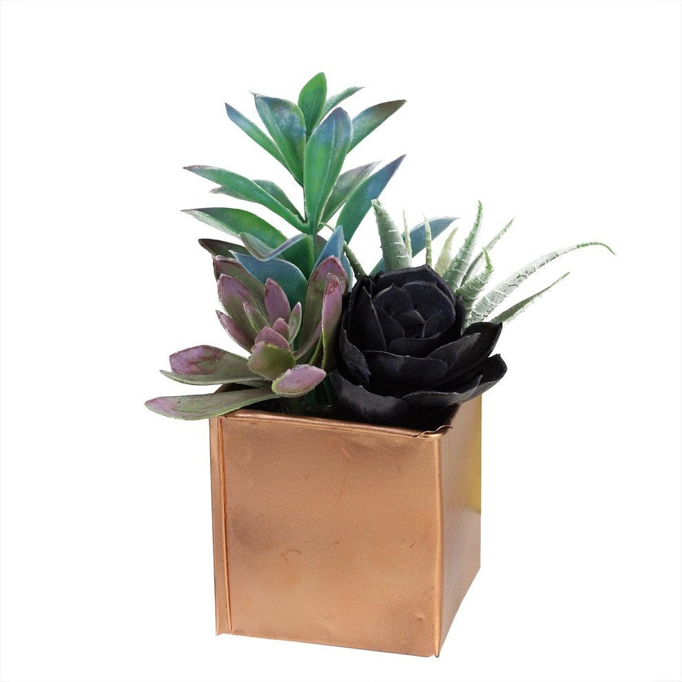 7" Artificial Mixed Succulent Arrangement in Decorative Copper Square Tin Pot