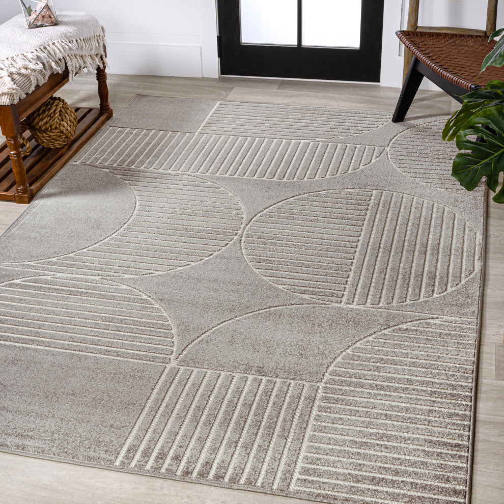 High-Low Arch Scandi Striped Gray/Cream 4 ft x 6 ft Indoor/Outdoor Area Rug