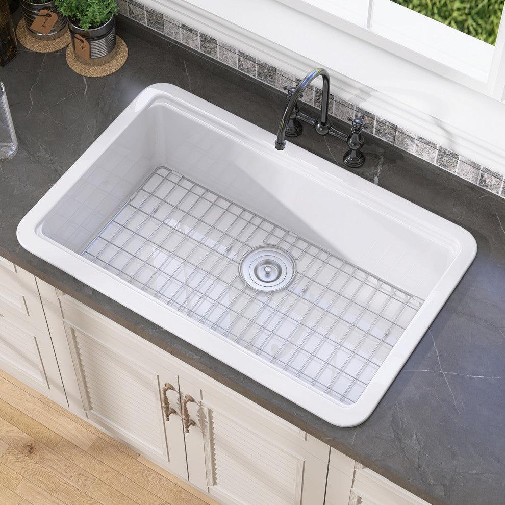 33"Lx22"W Drop-in/Undermount Farmhouse Fireclay Kitchen Sink With Accessories