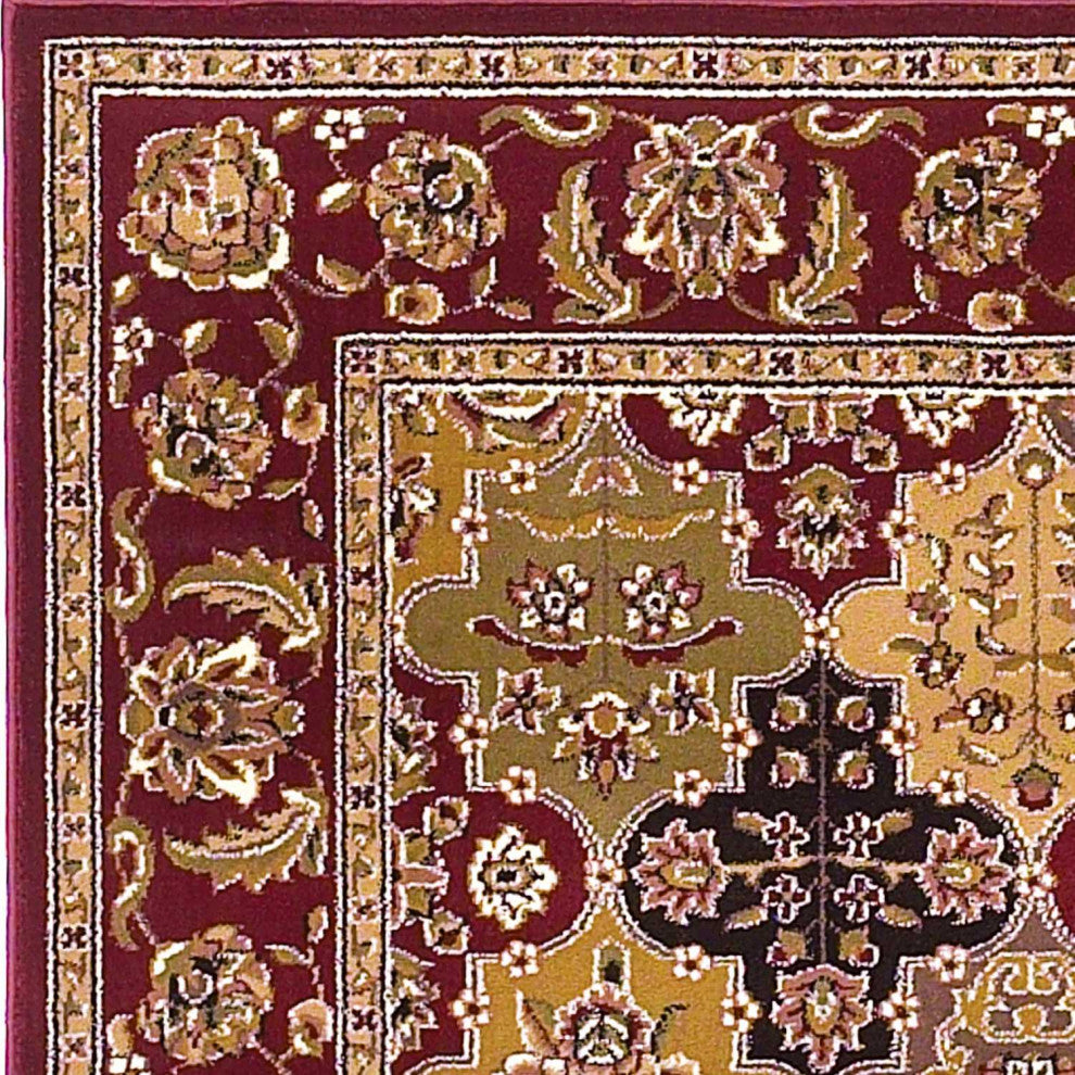 HomeRoots 7' Octagon Red Floral Panel Bordered Indoor Area Rug