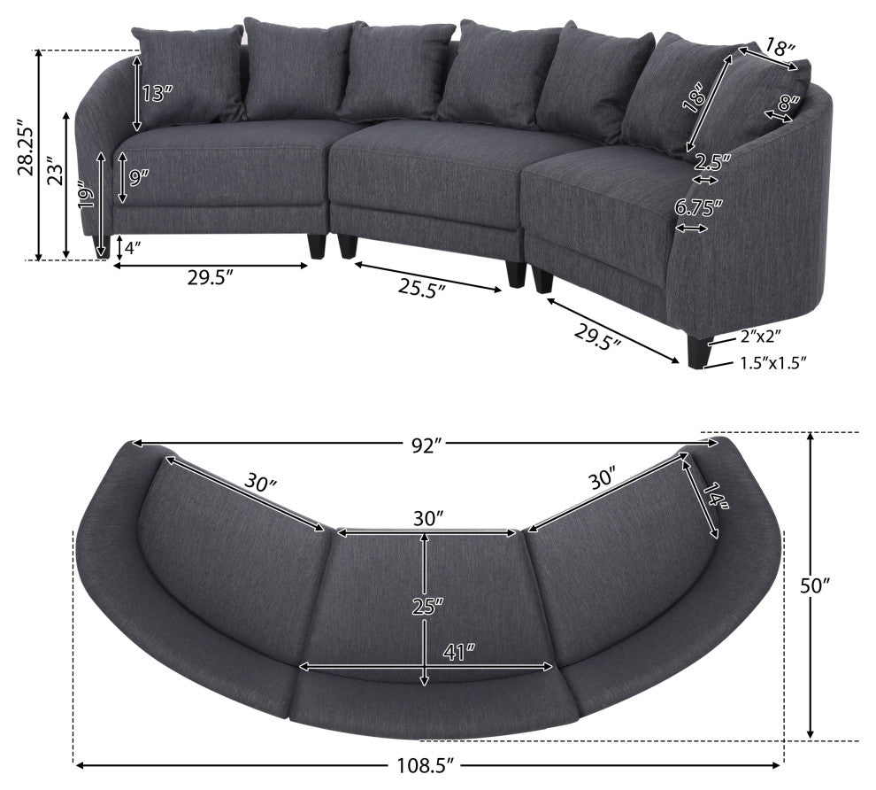 McCardell Fabric 3 Seater Curved Sectional Sofa, Charcoal + Dark Brown