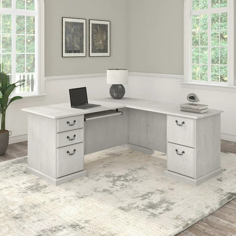 Classic L-Shaped Desk, Retractable Keyboard Tray & Multiple Drawers, Off White