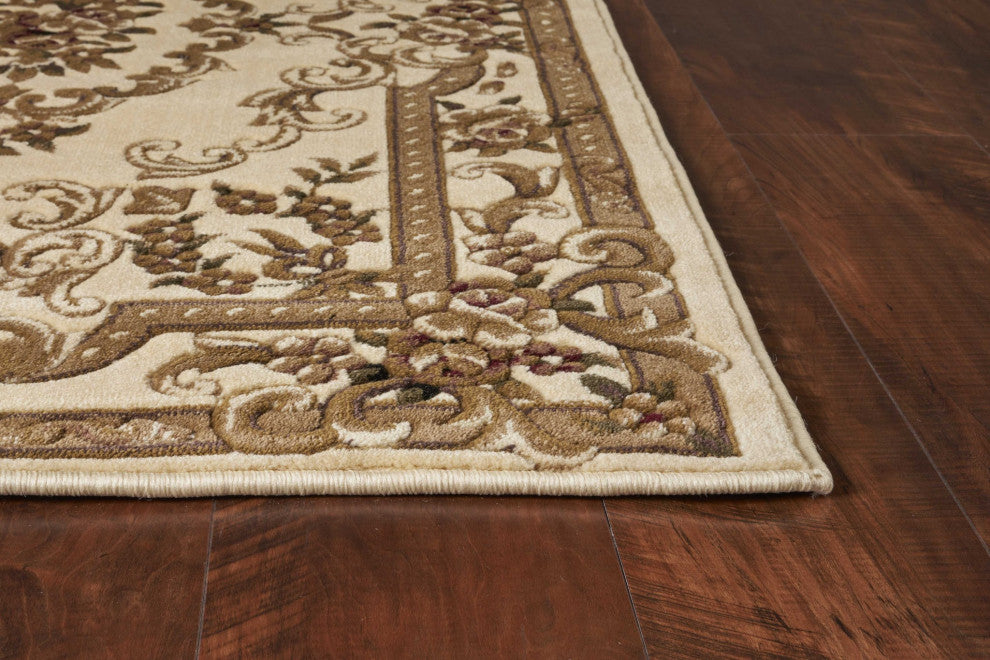 HomeRoots 5'x8' Ivory Machine Woven Hand Carved Floral Medallion Indoor Area Rug
