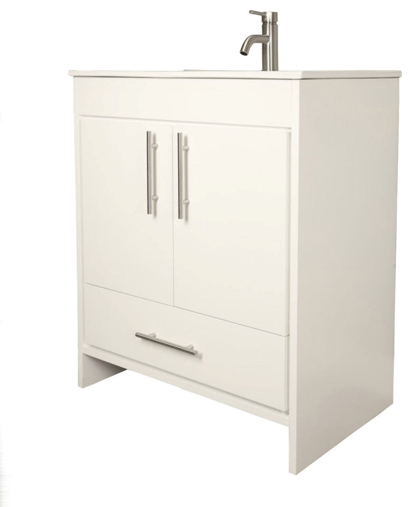 Pacific 30" Vanity With Integrated Ceramic Top and Brushed Nickel Handles, White