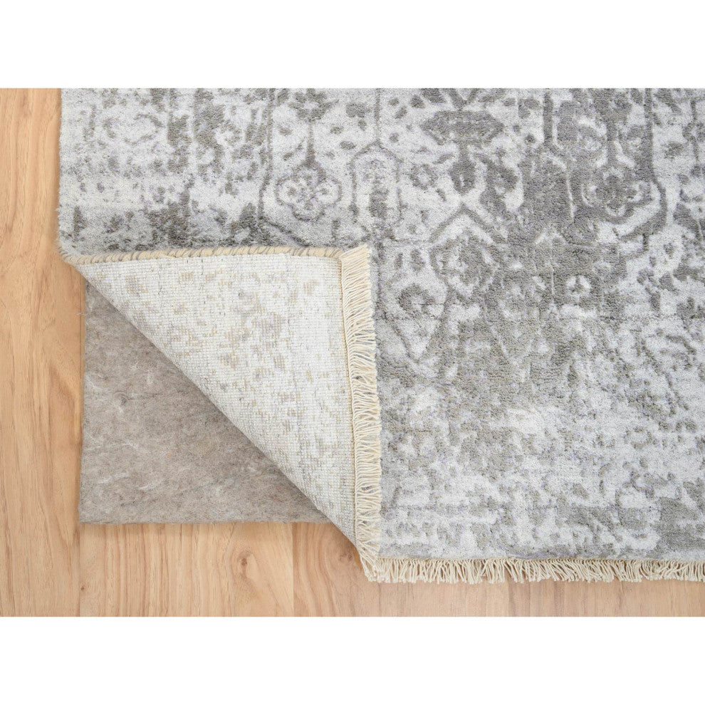 Gray Hand Knotted Broken Persian Design Wool and Pure Silk Runner Rug 2'6"x7'10"