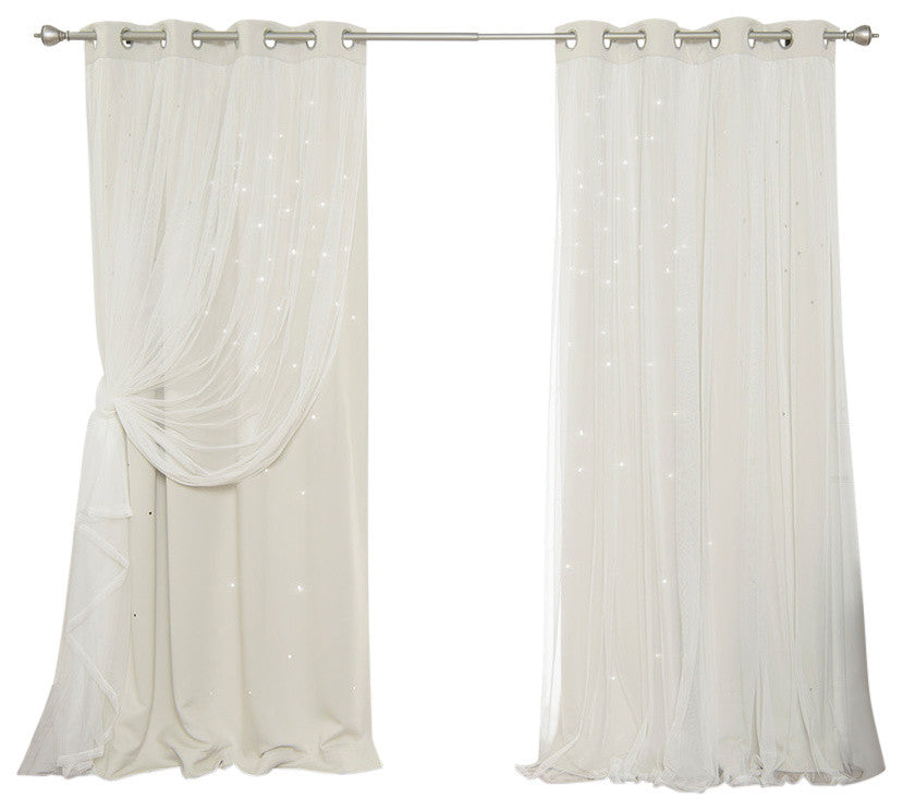 Tulle Overlay Star Cut Out Blackout Curtains, Biscuit, 52" W X 84" L