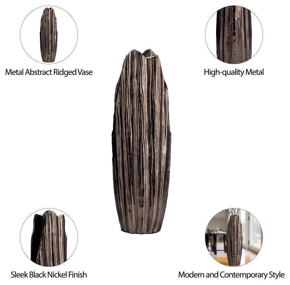 Metal, 20"H, Abstract Ridged Vase, Black Nickel