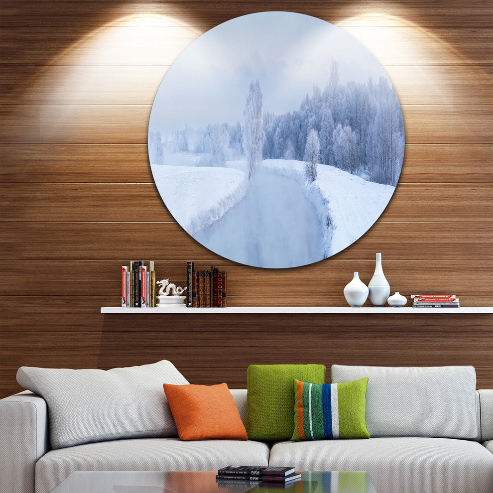 Blue Frosty Winter Weather Panorama, Landscape Disc Metal Wall Art, 11"