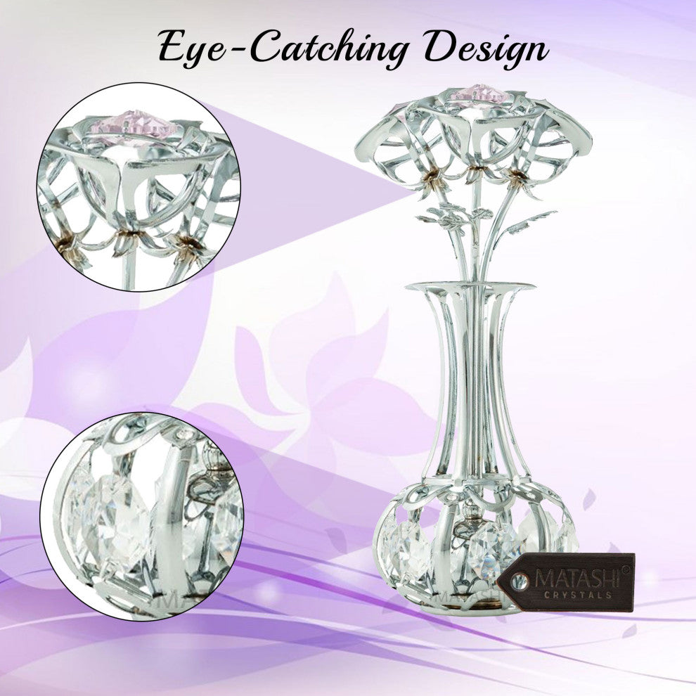 Chrome Plated Silver Flowers Bouquet and Vase With Pink and Clear Crystals