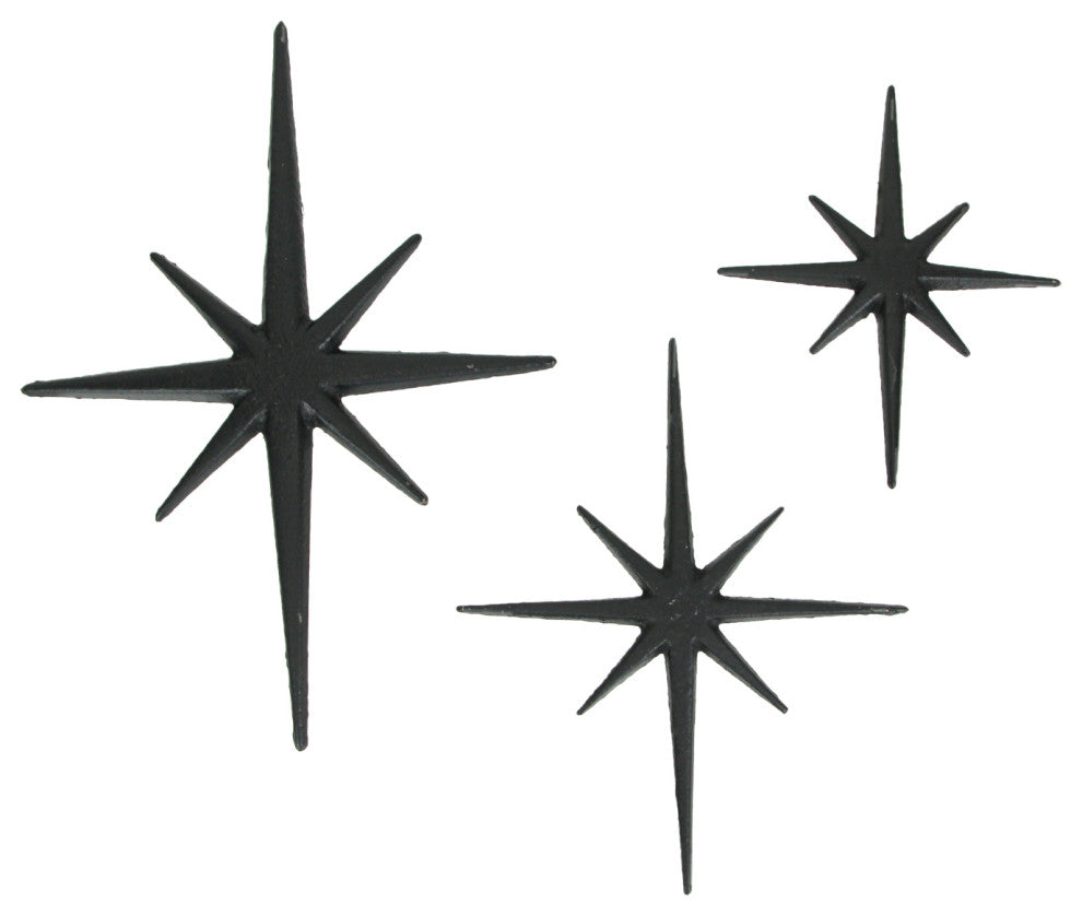 Set of 3 Black Cast Iron Starburst Wall Hangings Mid Century 8 Pointed Stars