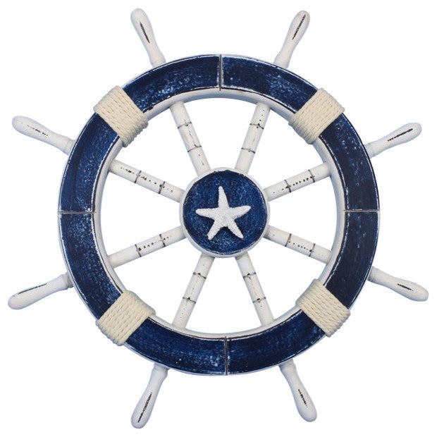 Decorative Steering Wheel on a Ship, Dark Blue, 18"