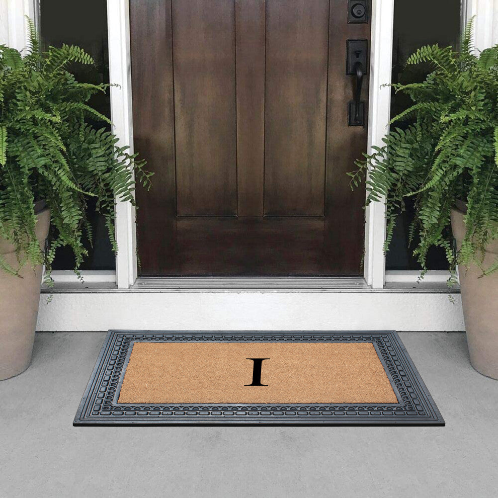 Rubber And Coir, Black/Beige  24"x39" Heavy Duty Outdoor Monogrammed Doormat, I