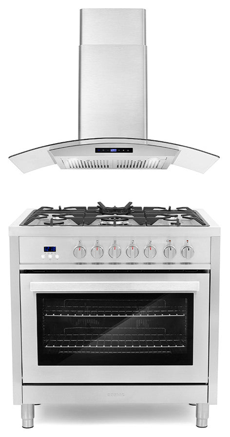 2-Piece Kitchen, 36" 240V Dual Fuel Range and 36" Wall Mount Range Hood