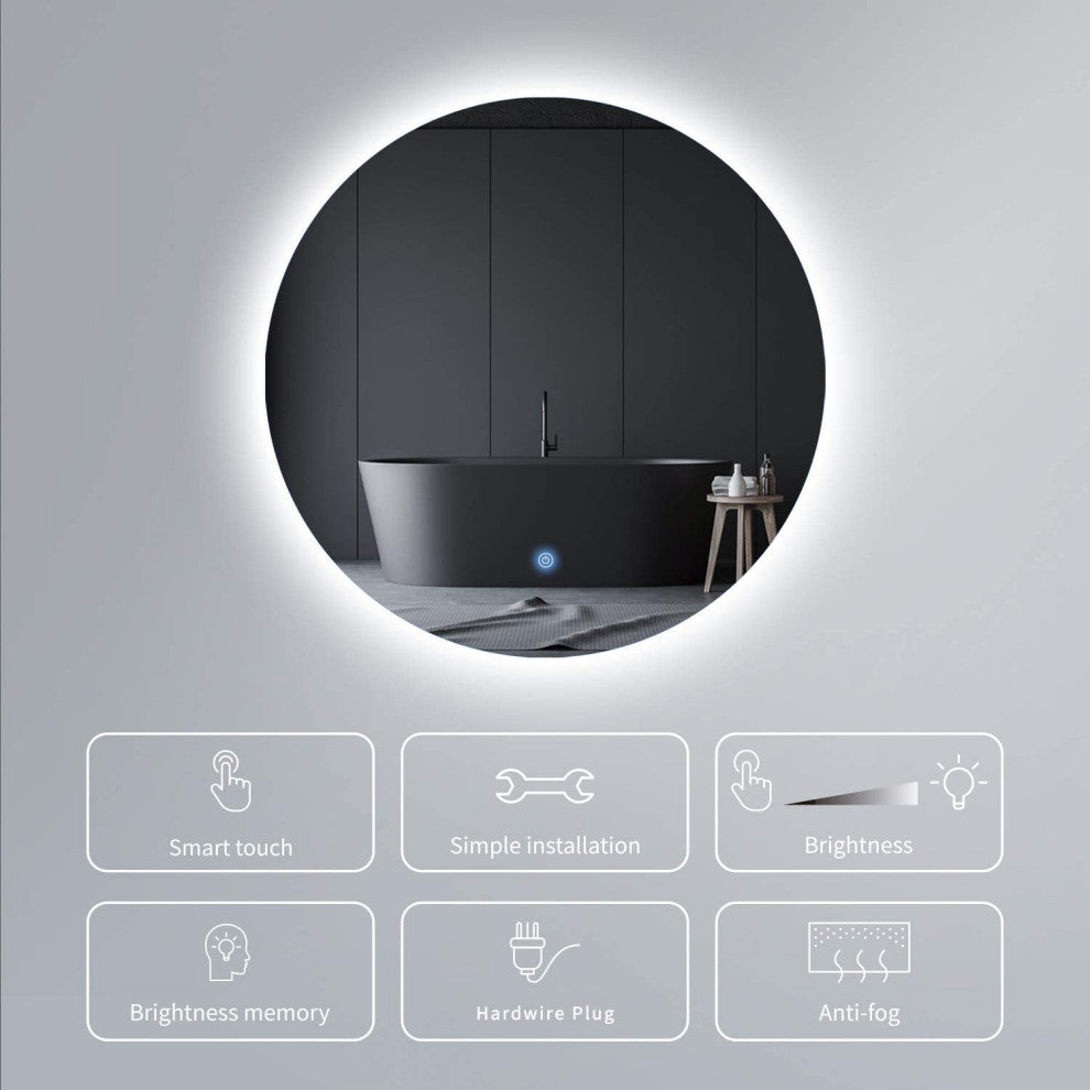 24Inch Round Backlit Frameless Anti-fog Dimmable LED Mirror