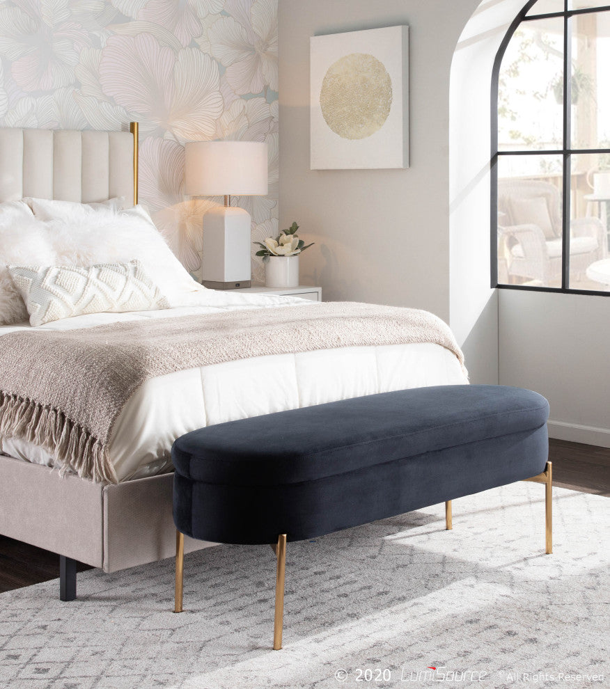 Chloe Contemporary/Glam Storage Bench, Gold Metal/Black Velvet