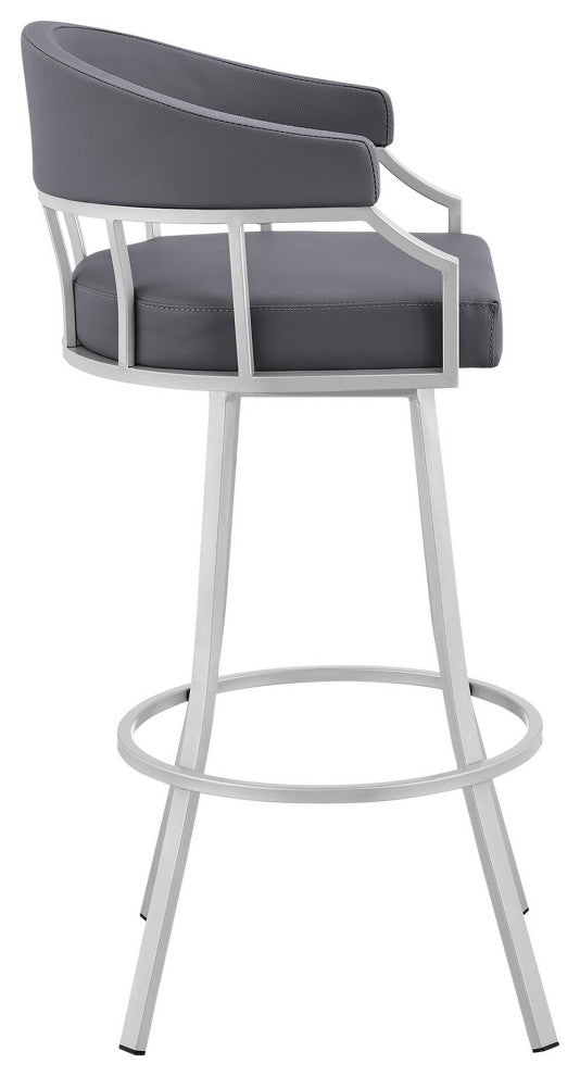 Benzara BM282046 26" Swivel Counter Stool, Silver Flared Legs, Gray Leather