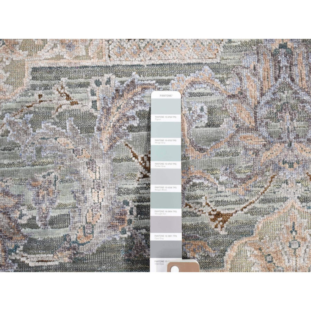 Laurel Green, Mughal Design, Pure Silk Hand Knotted, Oriental Rug, 7'10"x10'2"