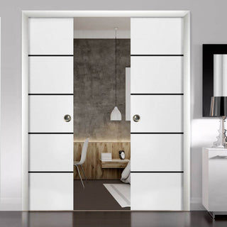 French Double Pocket Doors 64x84 | Planum 0015 White Silk | Kit Trims Rail