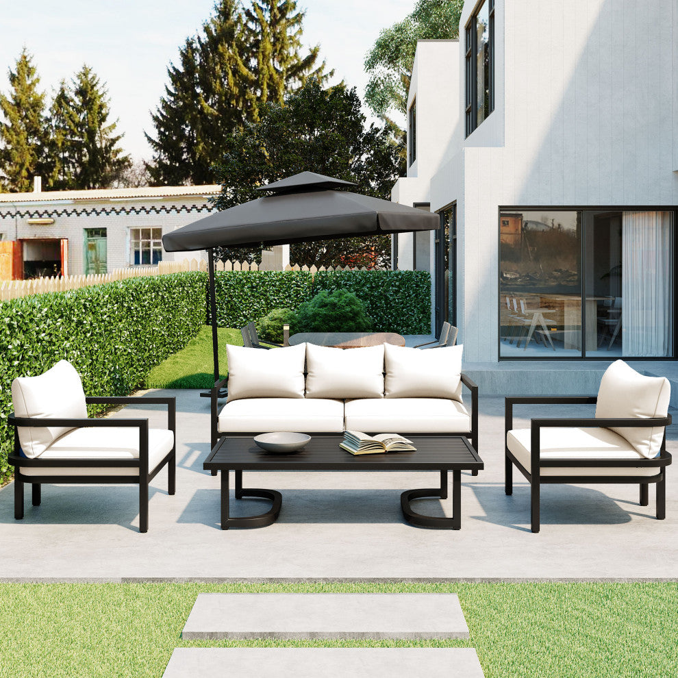 4-Piece Outdoor  Steel Patio Sectional with Table and Cushions, Beige