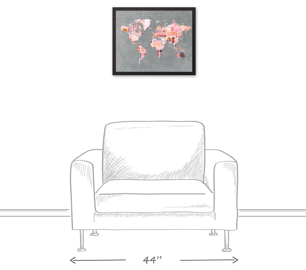Pink on Gray World Map  16x20 Black Framed Canvas