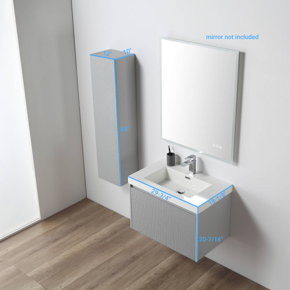 Floating Bathroom Vanity with Sink, Wall Mounted Vanity, Grey, 30" W/ Sink, Side Cabinet