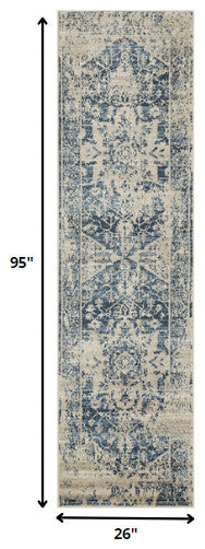 2"x8" Beige Blue Distressed Medallion Runner Rug