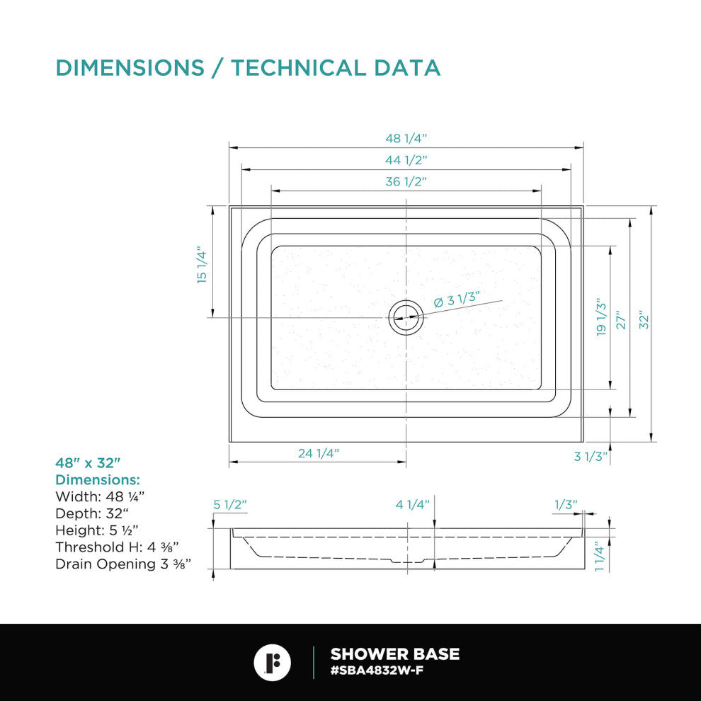 Fine Fixtures Single Threshold Shower Base, 48x32