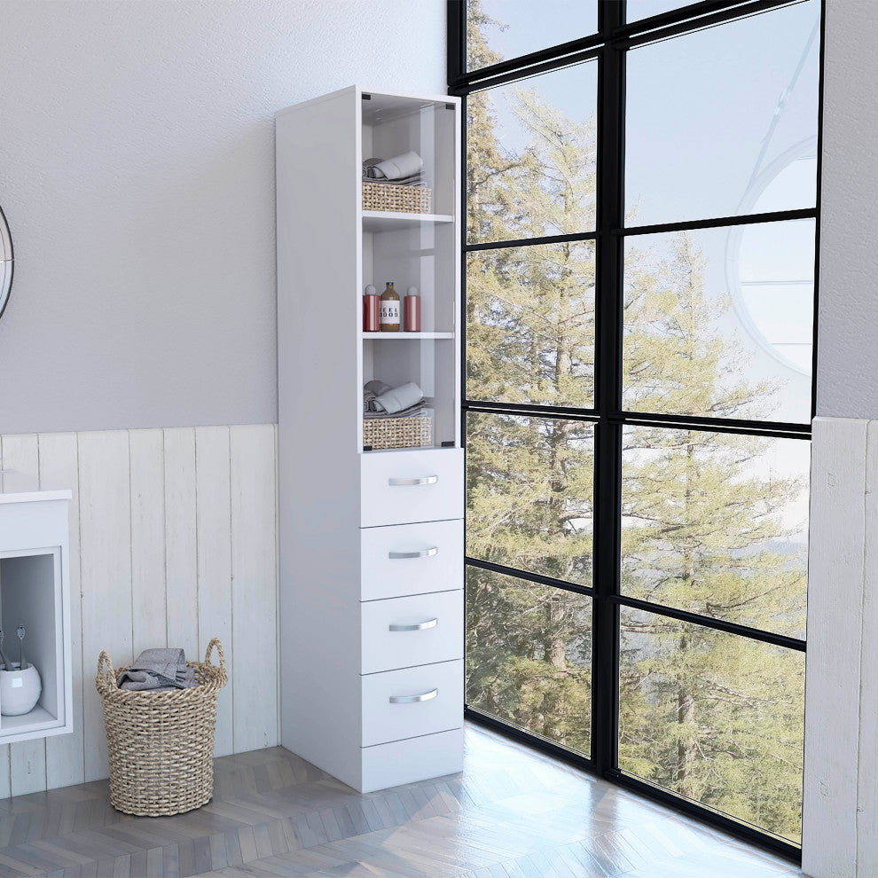 Preston Linen Cabinet with 3 Shelves, 4 Drawers, and Glass Door, White