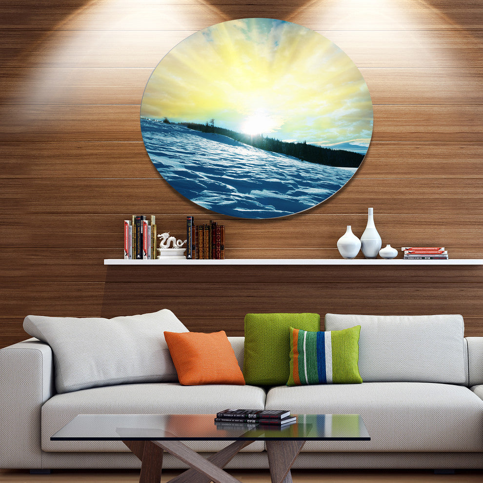 Winter With Blue Waters At Sunset, Seashore Disc Metal Wall Art, 36"
