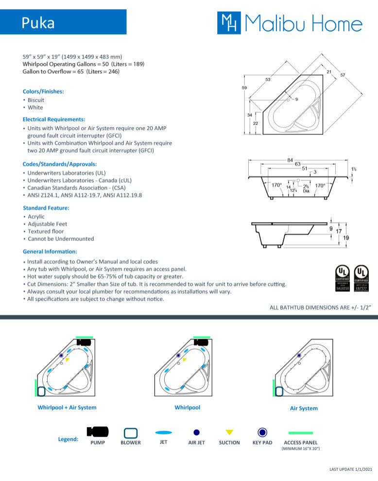 Malibu Puka Triangle Soaking Bathtub 59x59x19 Biscuit