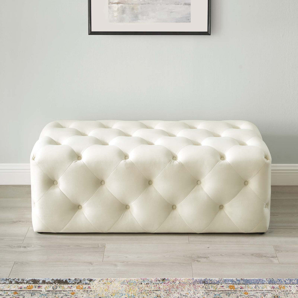 Tufted Accent Chair Bench, Velvet, Ivory White, Modern, Lounge Hospitality