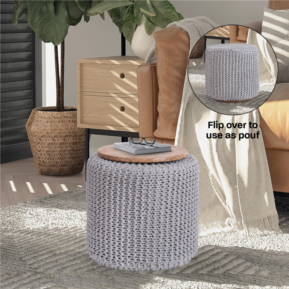 Loft Lyfe Marbella Ottoman, Hand Knitted, Wooden Tray, Cotton Yarn, Light Gray