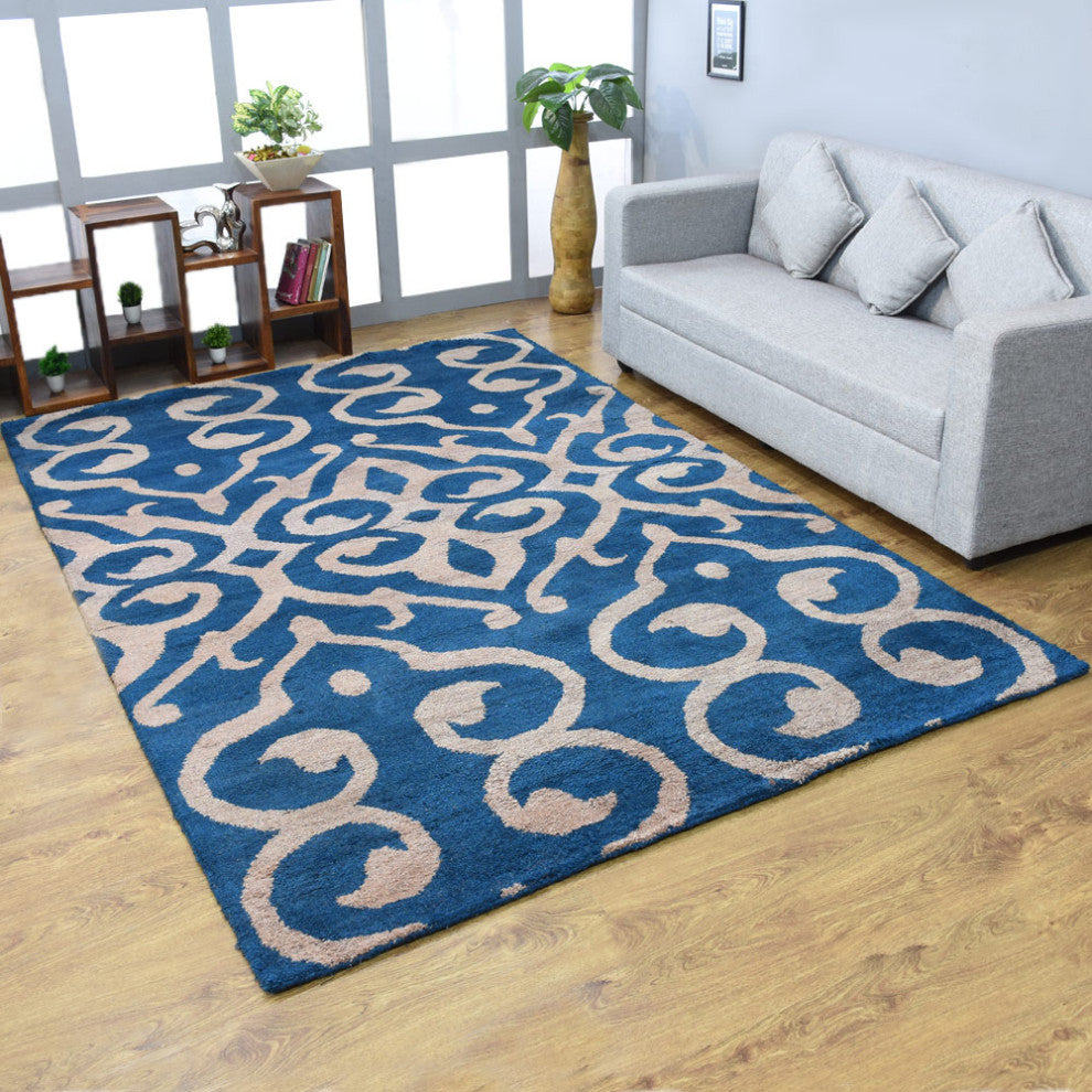 Hand Knotted Silk Area Rug Contemporary Blue Beige