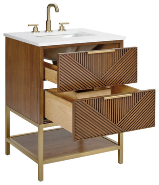 Diamond 24" Bath Vanity, Walnut/Satin Brass, 24", White Quartz Top