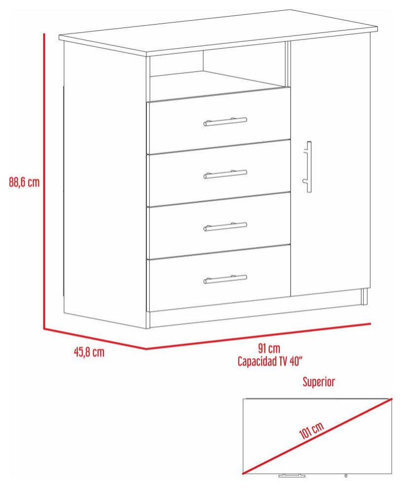 Carolina 4-Drawer Dresser with Single Door Cabinet and Open Shelf, Black