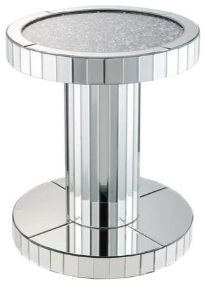 Round Wood and Glass End Table with Pedestal Base, Silver