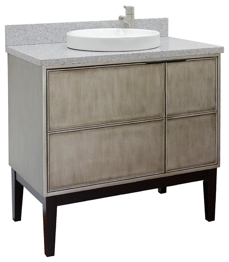 37" Single Vanity, Linen Brown Finish With Gray Granite Top And Round Sink