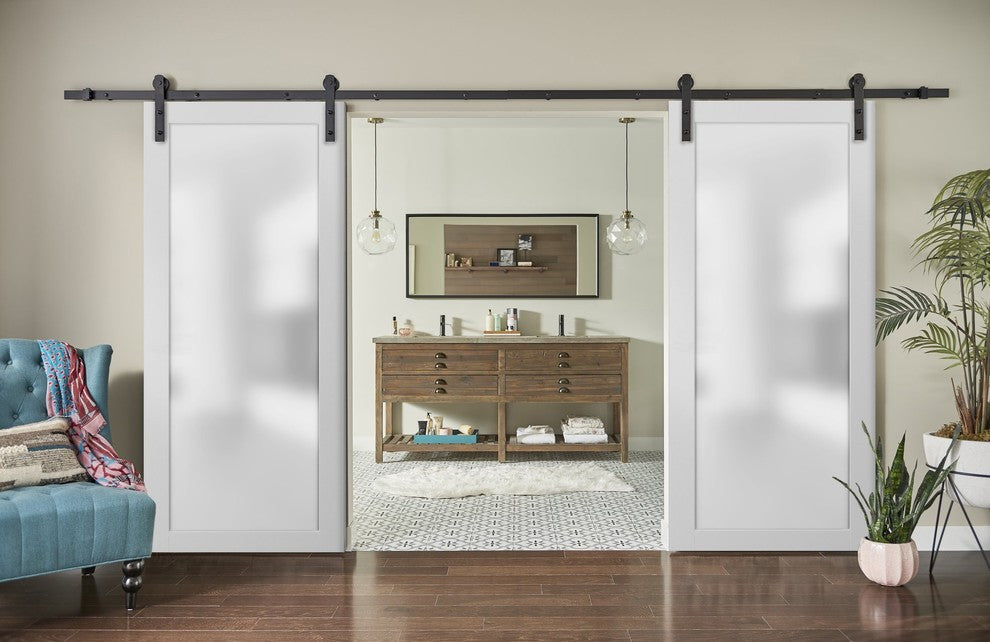 Planum 2102 Double Barn Doors 56 x 96, White Silk and Hardware 13FT
