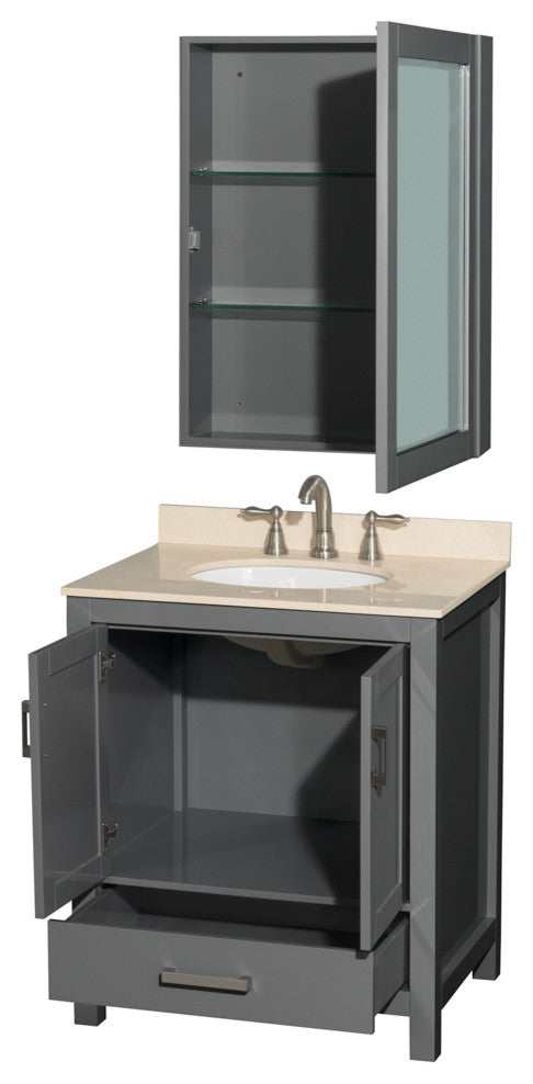 Sheffield 30" Dark Gray Single Vanity, Ivory Marble Top, Um Rd Sink, Med Cab
