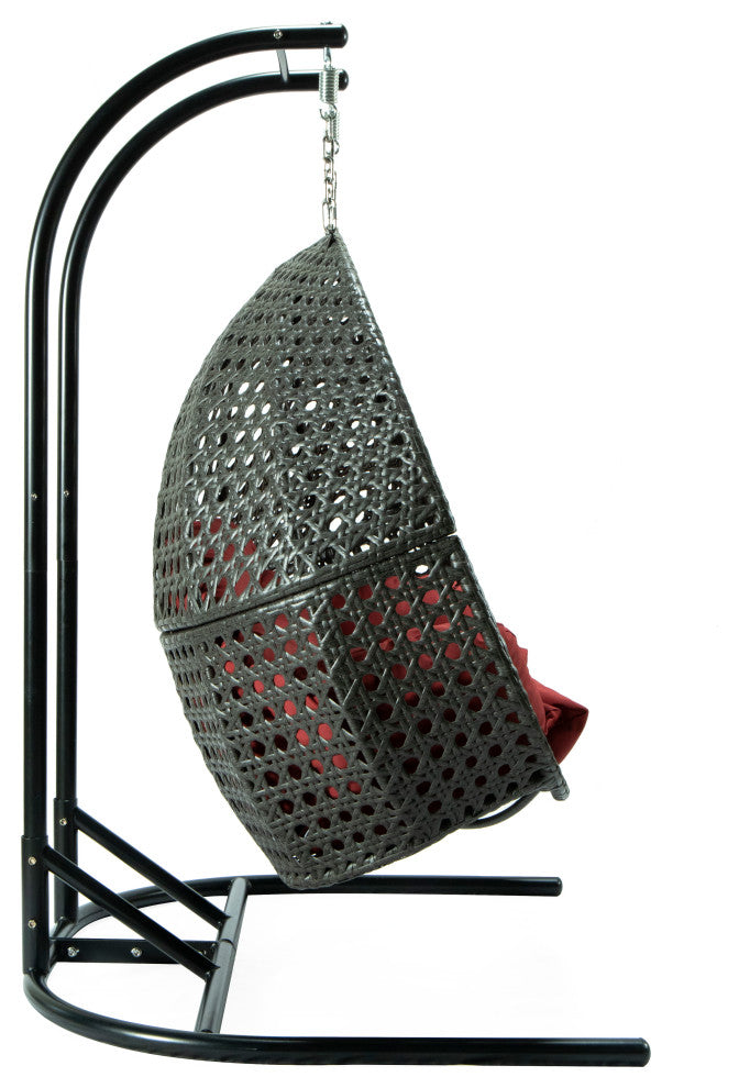 LeisureMod Wicker Hanging Double Egg Swing Chair, Dark Red