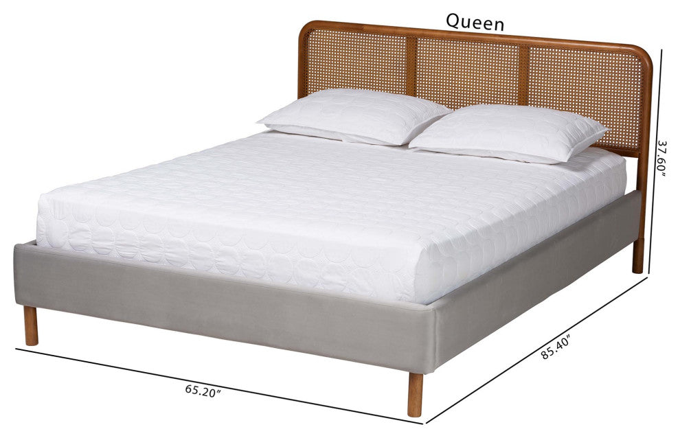 Fay Light Grey Velvet Queen Size Platform Bed