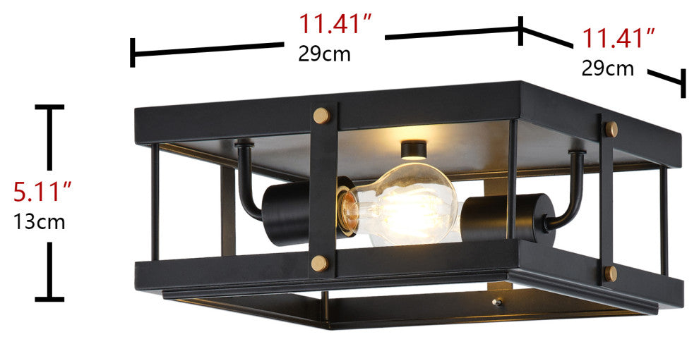 Industrial Black 2-Light Rectangle Iron Frame Flush Mount Ceiling Light