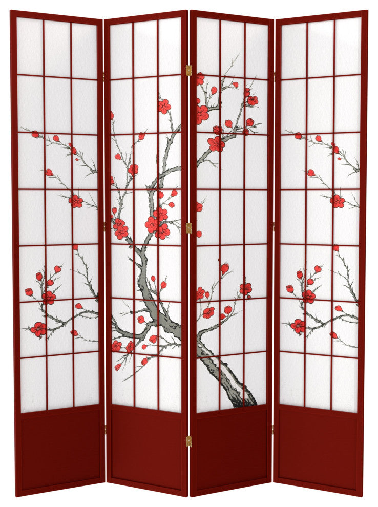 7' Tall Cherry Blossom Shoji Screen, Rosewood, 4 Panels