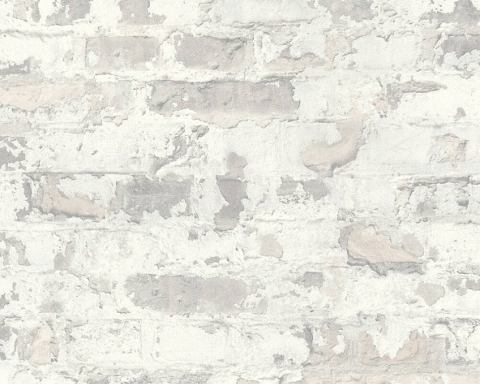 Textured Wallpaper Brick Rustic Cottage, Gray White, Sample